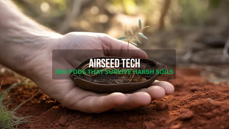Close-up of AirSeed’s nutrient-rich seed pod germinating in dry Australian soil.