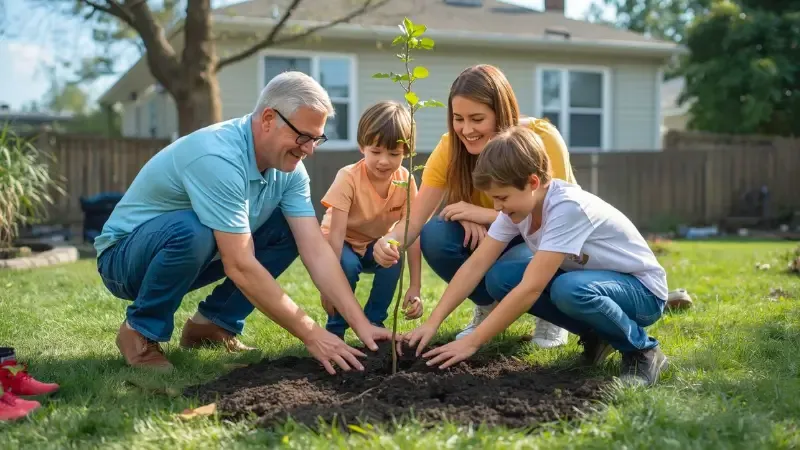 A multi-generational family plants a tree together, showcasing the hands-on community and educational focus of the non-profit Arbor Day Foundation.