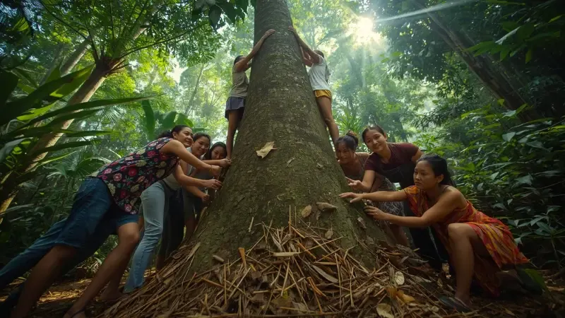 A diverse group of women leading a tree planting in a tropical rainforest, reflecting the community-focused and feminine-led approach of non-profit TreeSisters.- non-profit tree planting websites