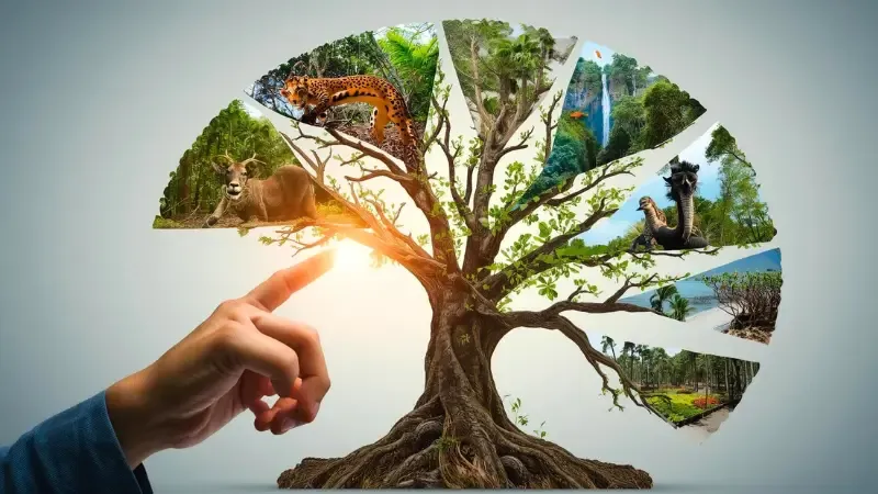 A hand interacts with a living decision tree whose branches lead to different ecosystems, symbolizing the choice between the best non-profit tree planting websites.
