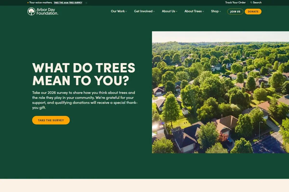 Screenshot of Arbor Day Foundation Nursery homepage