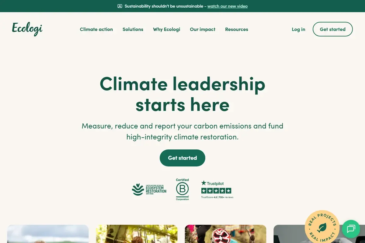Screenshot of Ecologi homepage