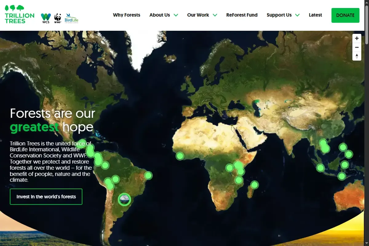 Screenshot of Trillion Trees | WRI Forest Conservation homepage